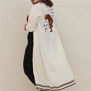 Torrid Button Front Duster Cardigan With Striped Cuffs and Embroidered Leopard